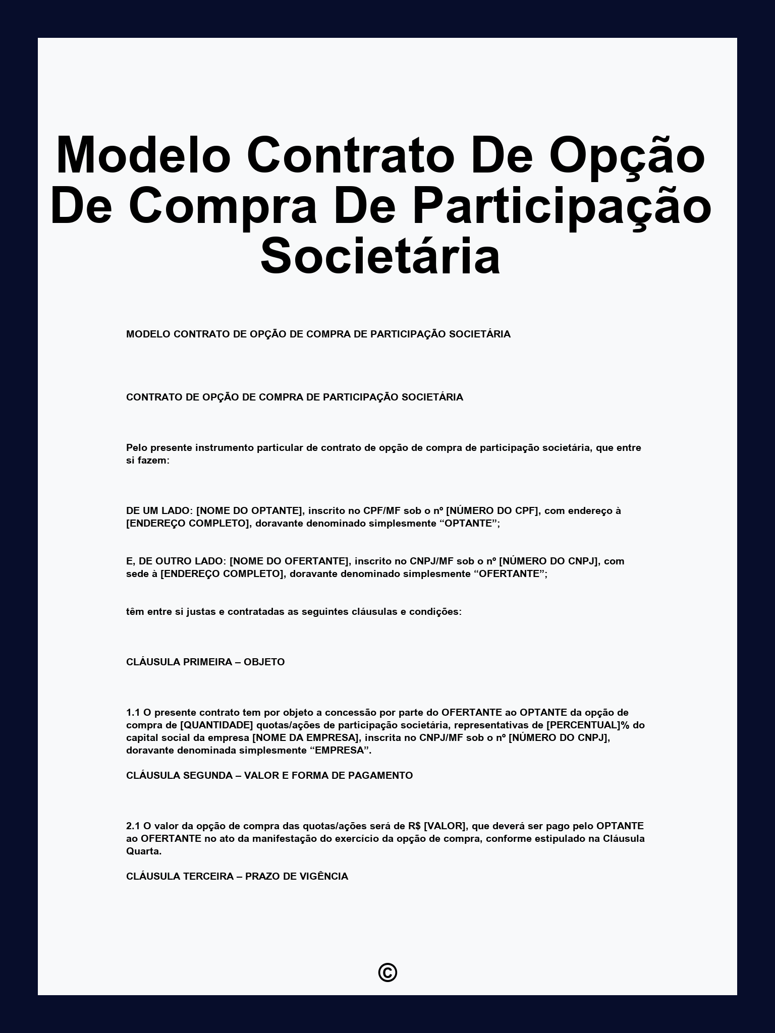 Modelo Contrato De Opção De Compra De Participação Societária