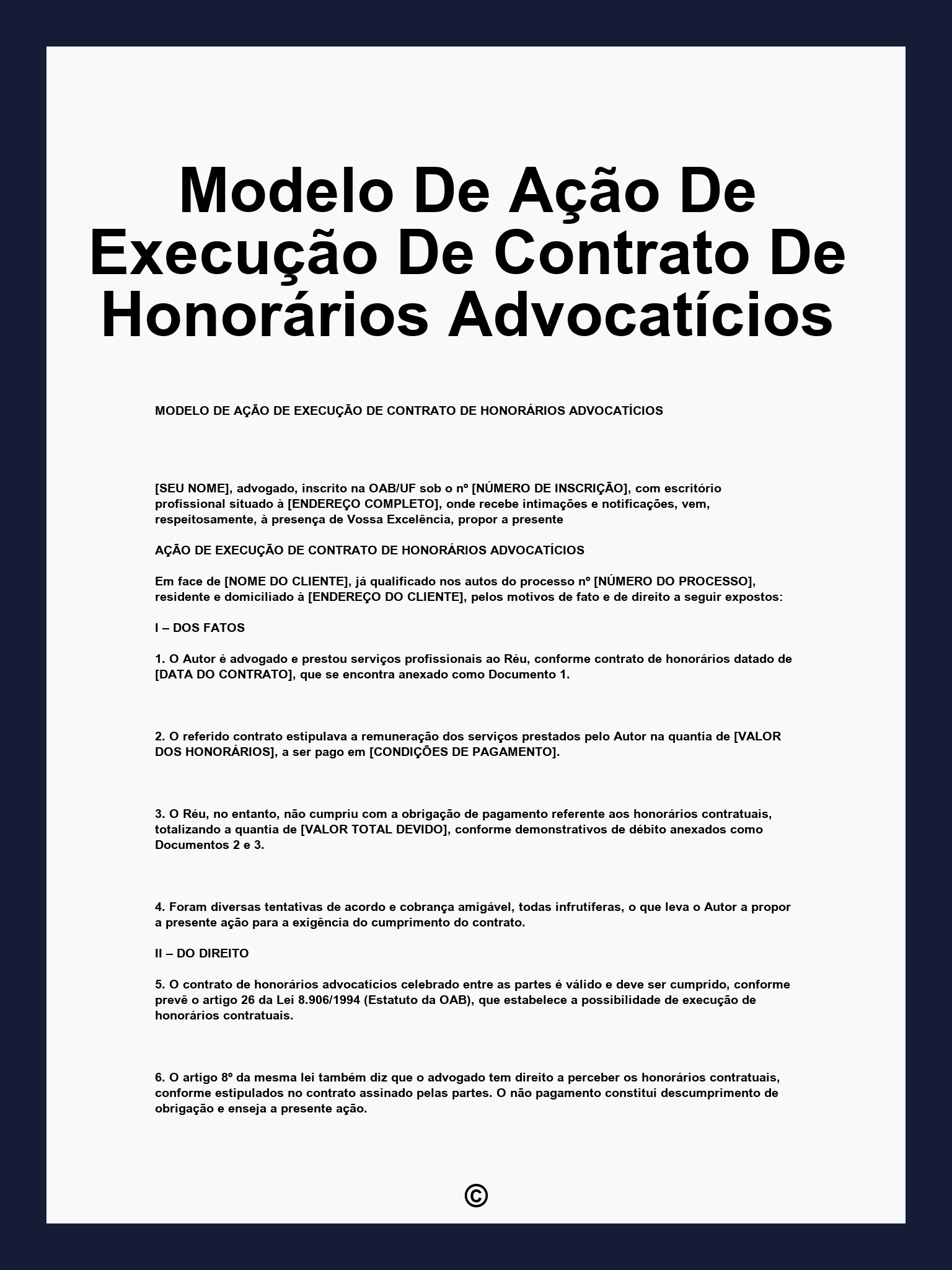 Modelo De Ação De Execução De Contrato De Honorários Advocatícios