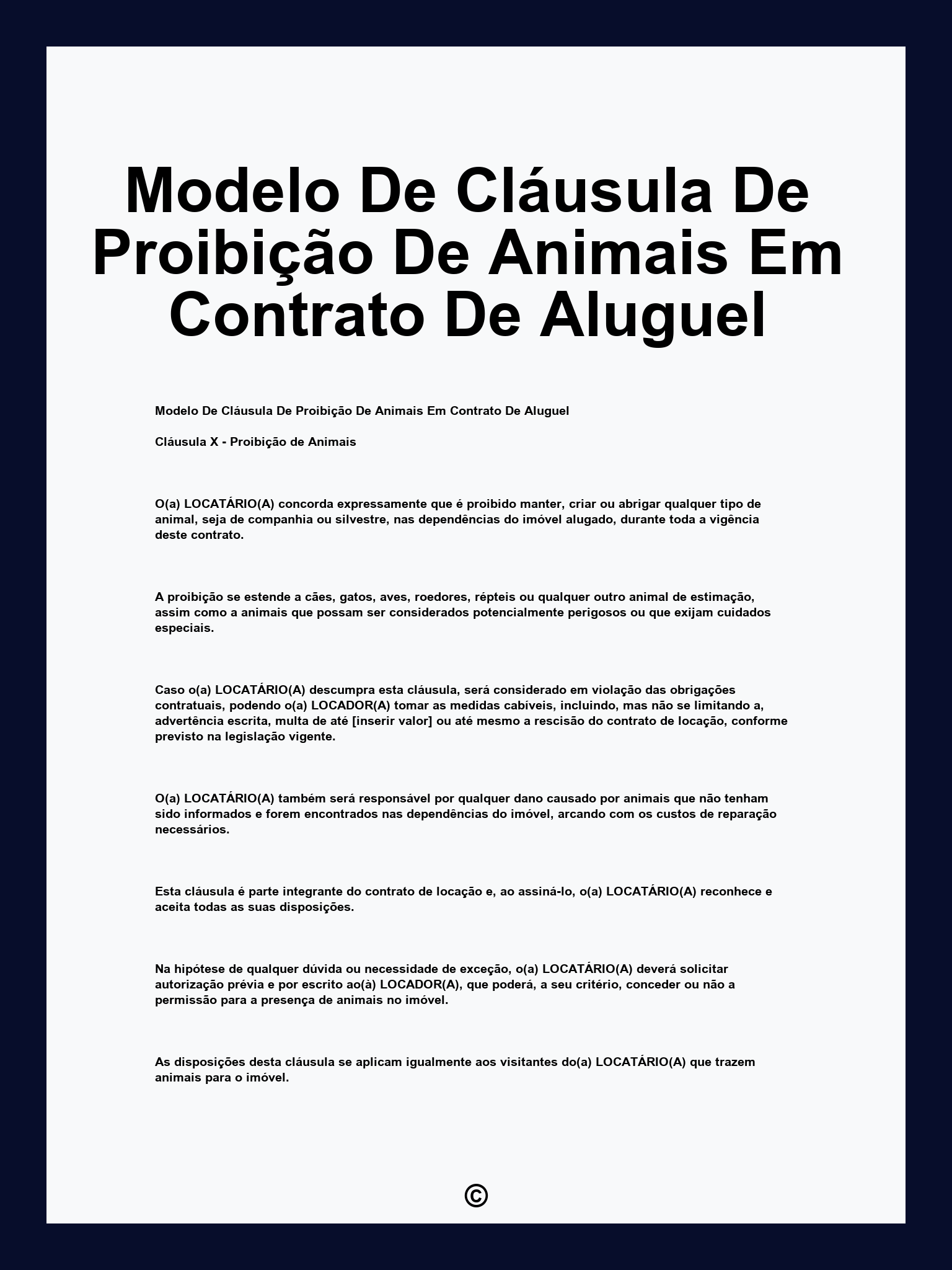 Modelo De Cláusula De Proibição De Animais Em Contrato De Aluguel