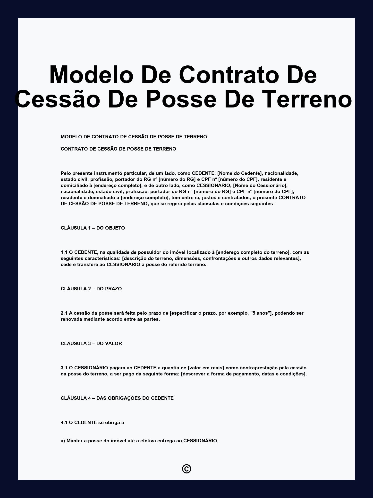 Modelo De Contrato De Cessão De Posse De Terreno