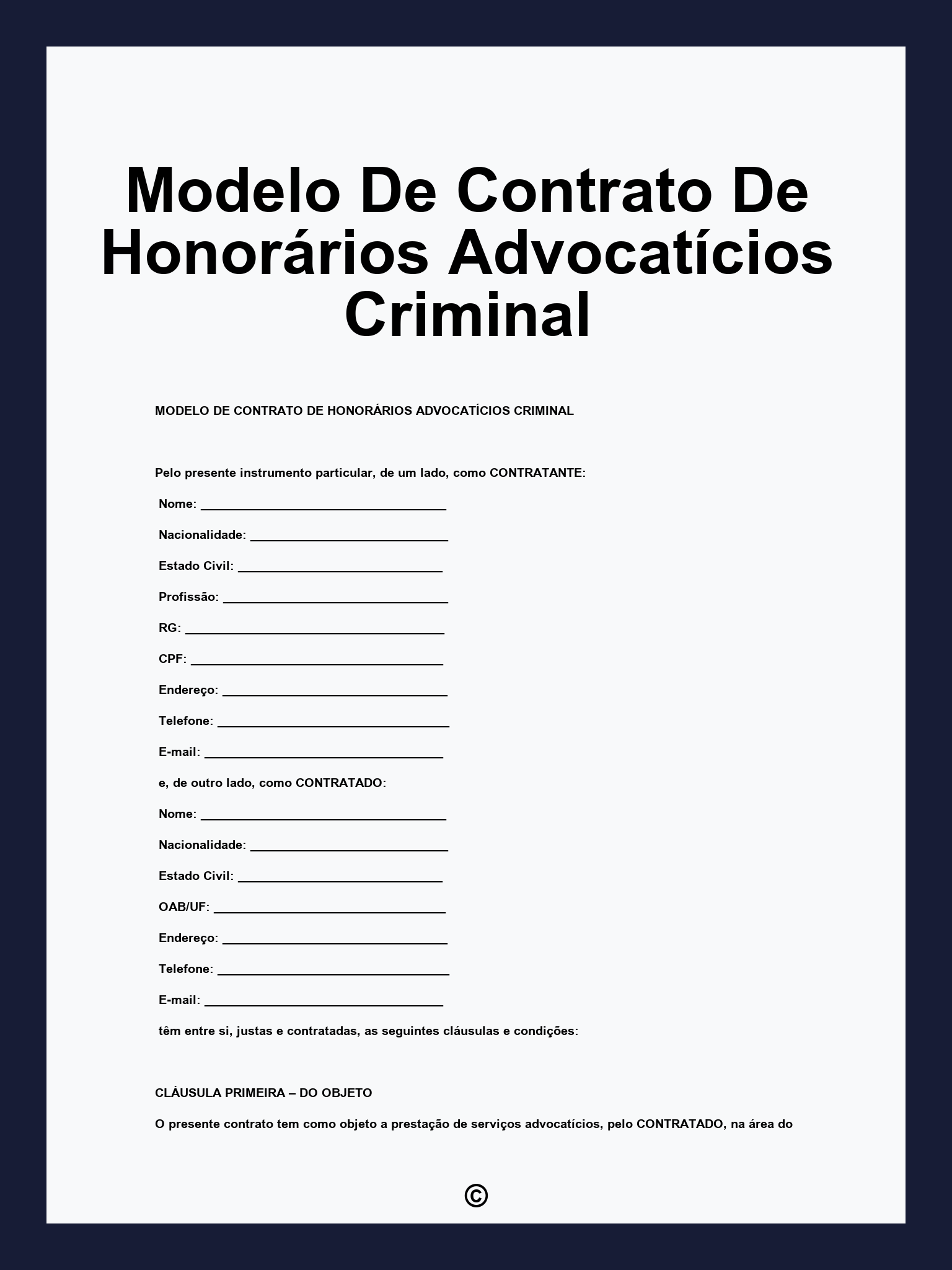 Modelo De Contrato De Honorários Advocatícios Criminal