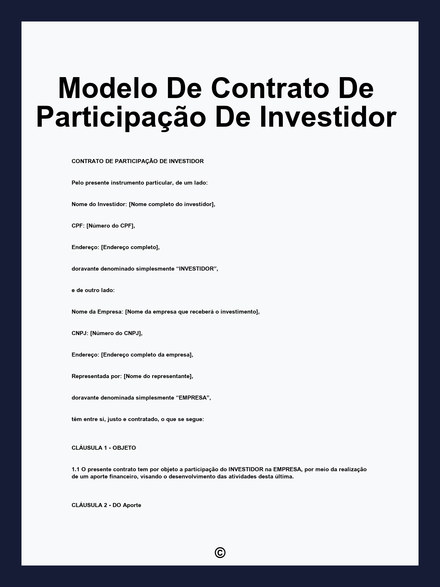 Modelo De Contrato De Participação De Investidor