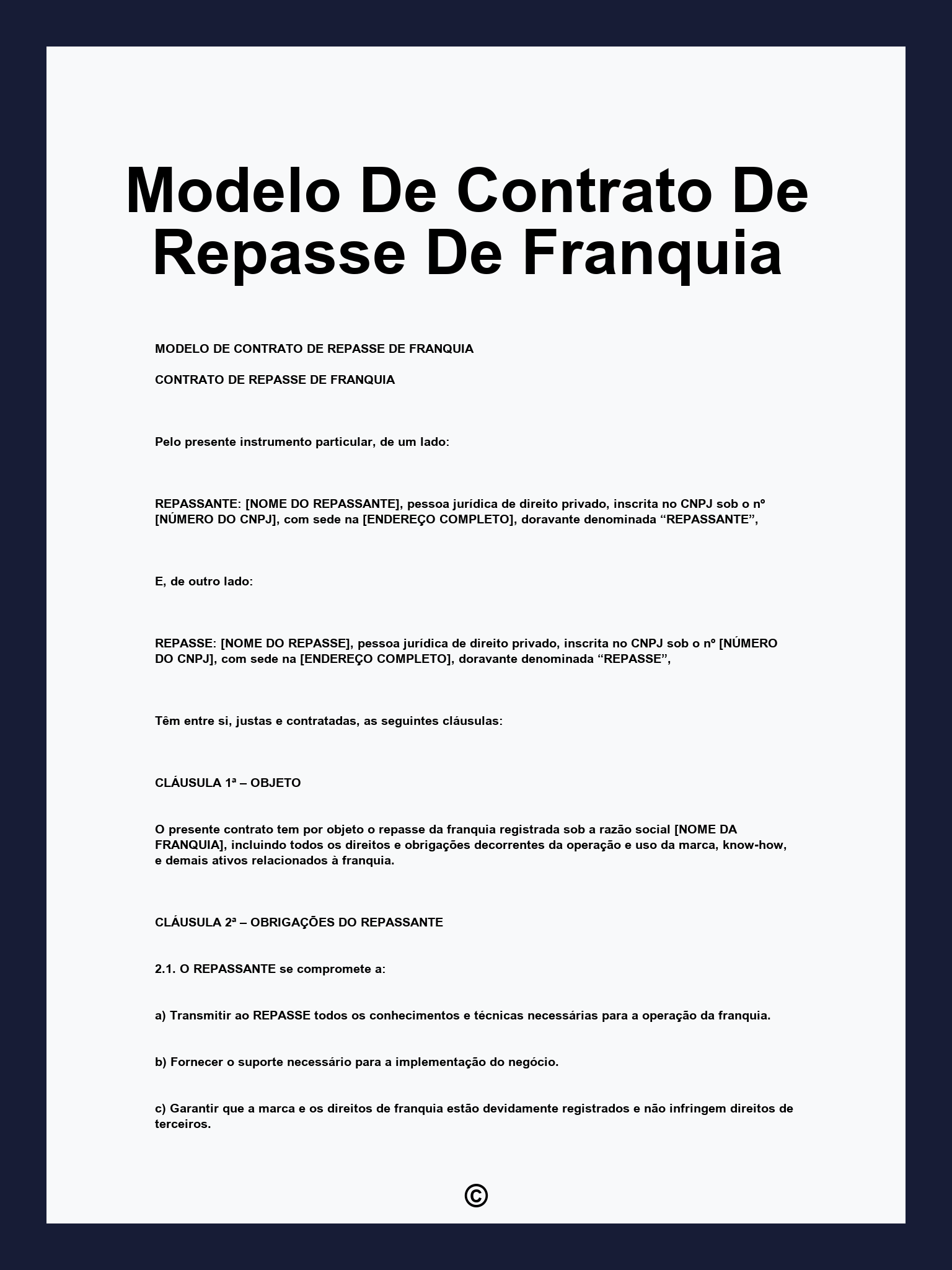 Modelo De Contrato De Repasse De Franquia