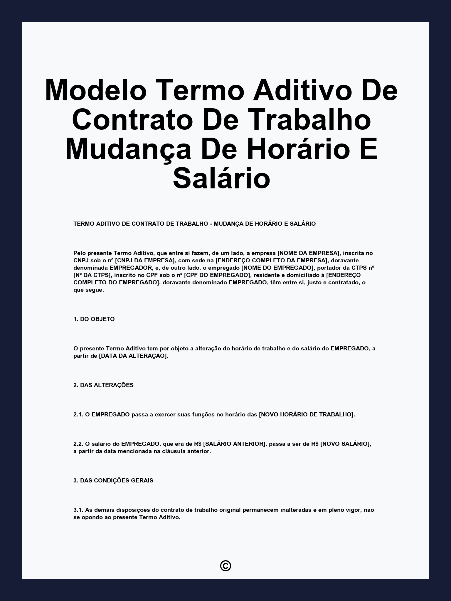 Modelo Termo Aditivo De Contrato De Trabalho Mudança De Horário E Salário